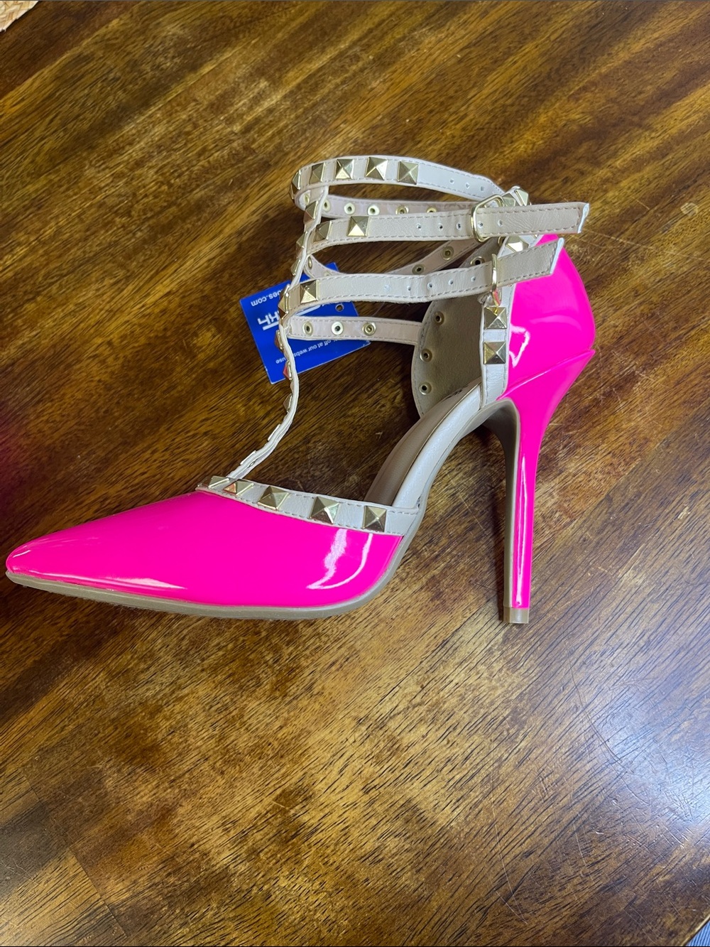 Shiekh Hot Pink Patent Pointed-Toe Studded Ankle-Strap Heels